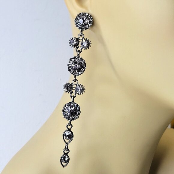 Rhinestone Chandelier Statement Earrings Smoky Grey or Light Black Long Earrings - Picture 5 of 11